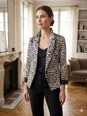 AGB Leopard-Print Notch Lapel Blazer in Black and Cream
